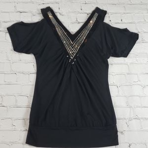Cold Shoulder Sequin V-neck Top
